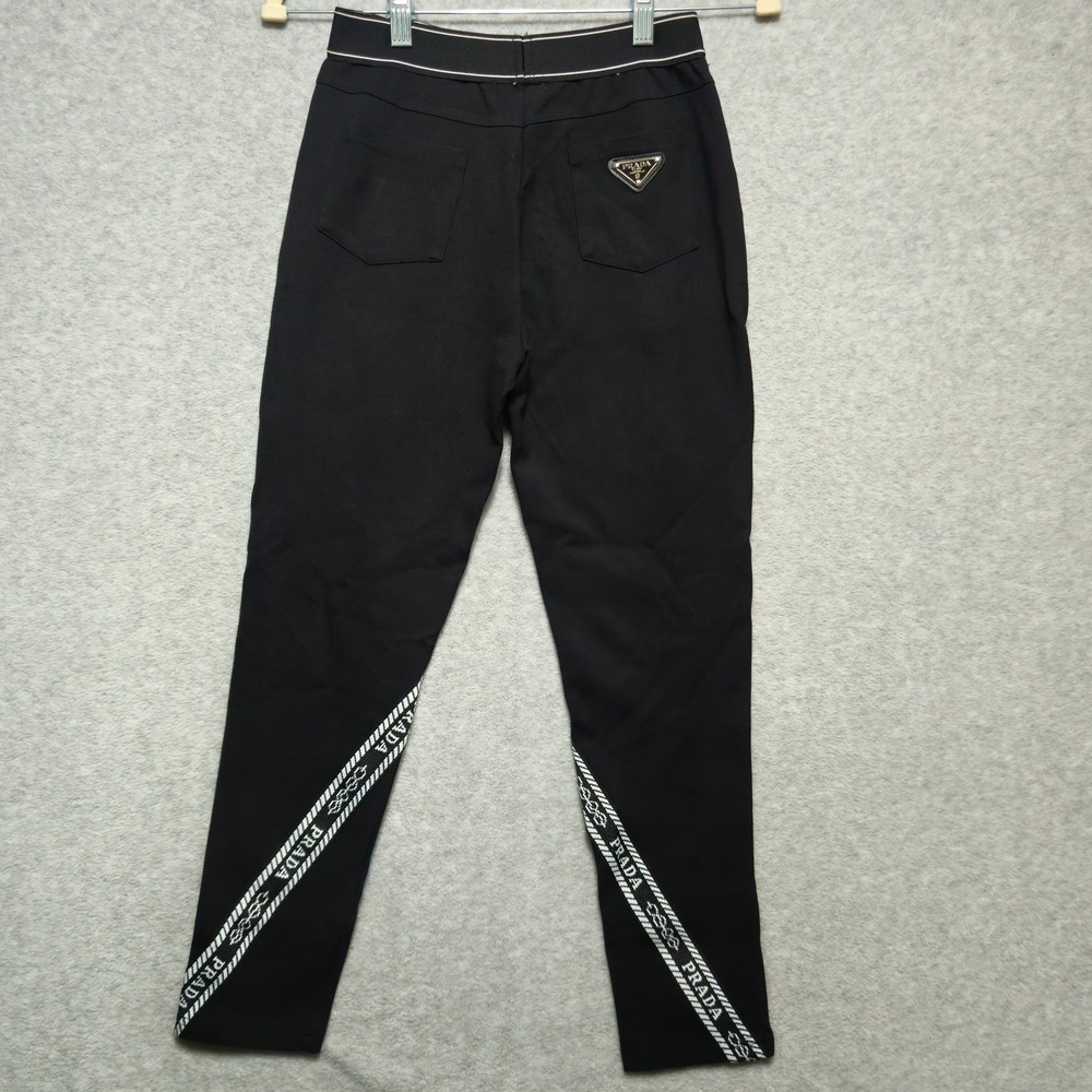 PRADA Milano Logo Tape Leggings Womens Medium Black Italy Designer Skinny Pants - Picture 2 of 12